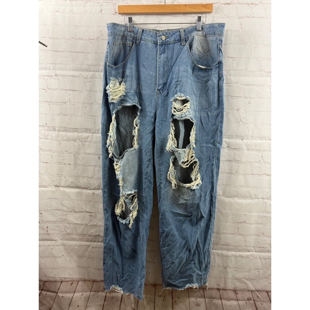 Shein Fashion Jeans Womens Size 2XL Blue Heavy Distressed Raw Hem Grunge